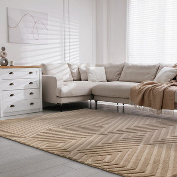 Hague Modern Plain Geometric Hand-Carved Hi-Low 3D Ridged Cut & Loop Pile Textured Wool Taupe Rug-Asiatic Carpets-Rug Love - The Most Loved Rug Store